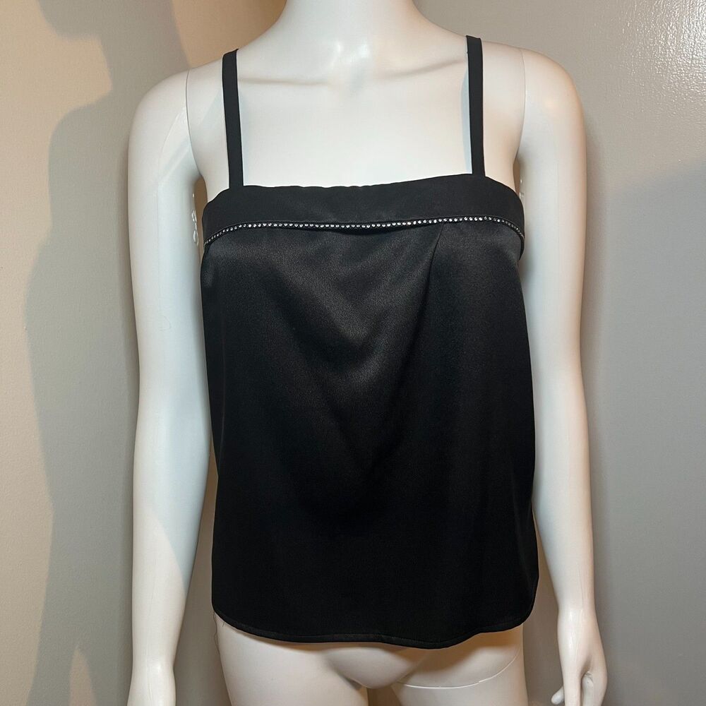 Vintage Y2K Black Satin Rhinestone Cami Tank Top 10 Party Formal 90s Bling Retro